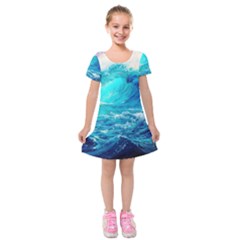 Tsunami Waves Ocean Sea Nautical Nature Water Nature Kids  Short Sleeve Velvet Dress