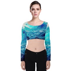 Tsunami Waves Ocean Sea Nautical Nature Water Nature Velvet Long Sleeve Crop Top