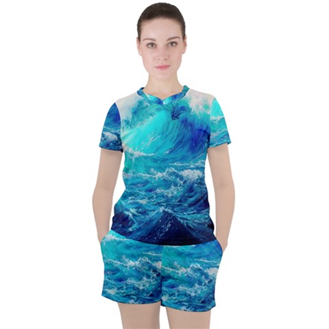 Tsunami Waves Ocean Sea Nautical Nature Water Nature Women s Tee And Shorts Set by Jancukart