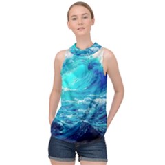 Tsunami Waves Ocean Sea Nautical Nature Water Nature High Neck Satin Top by Jancukart