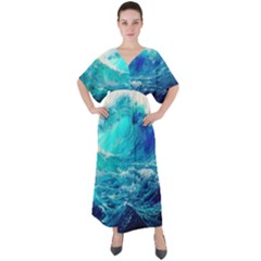 Tsunami Waves Ocean Sea Nautical Nature Water Nature V-neck Boho Style Maxi Dress