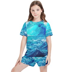 Tsunami Waves Ocean Sea Nautical Nature Water Nature Kids  Tee And Sports Shorts Set