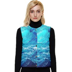 Tsunami Waves Ocean Sea Nautical Nature Water Nature Women s Short Button Up Puffer Vest by Jancukart