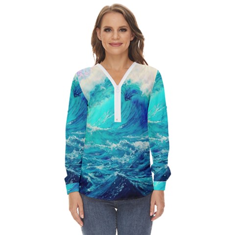 Tsunami Waves Ocean Sea Nautical Nature Water Nature Zip Up Long Sleeve Blouse by Jancukart