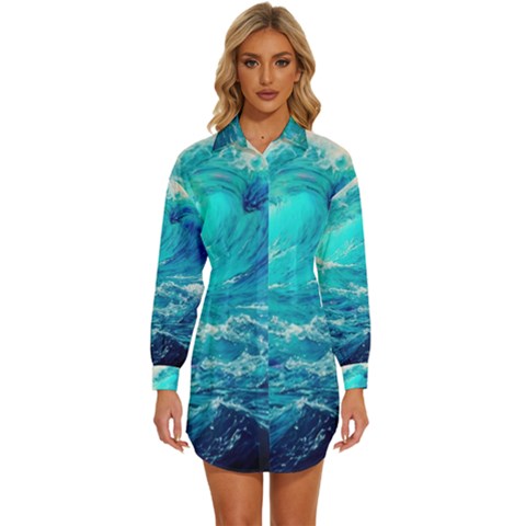 Tsunami Waves Ocean Sea Nautical Nature Water Nature Womens Long Sleeve Shirt Dress by Jancukart