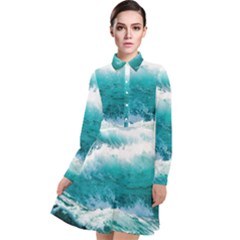 Waves Ocean Sea Tsunami Nautical 4 Long Sleeve Chiffon Shirt Dress by Jancukart