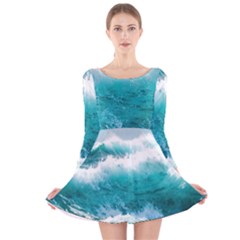 Waves Ocean Sea Tsunami Nautical 4 Long Sleeve Velvet Skater Dress