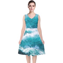 Waves Ocean Sea Tsunami Nautical 4 V-neck Midi Sleeveless Dress  by Jancukart