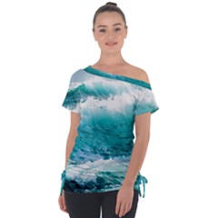 Waves Ocean Sea Tsunami Nautical 4 Off Shoulder Tie-up Tee