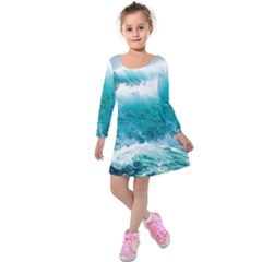 Waves Ocean Sea Tsunami Nautical 4 Kids  Long Sleeve Velvet Dress