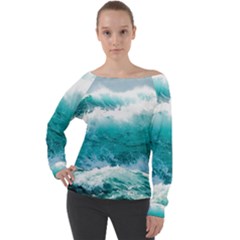 Waves Ocean Sea Tsunami Nautical 4 Off Shoulder Long Sleeve Velour Top