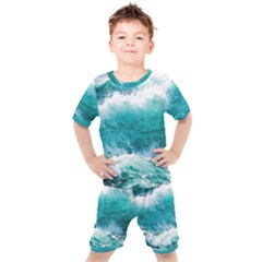 Waves Ocean Sea Tsunami Nautical 4 Kids  Tee And Shorts Set