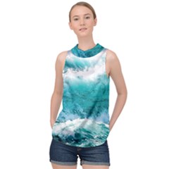 Waves Ocean Sea Tsunami Nautical 4 High Neck Satin Top by Jancukart