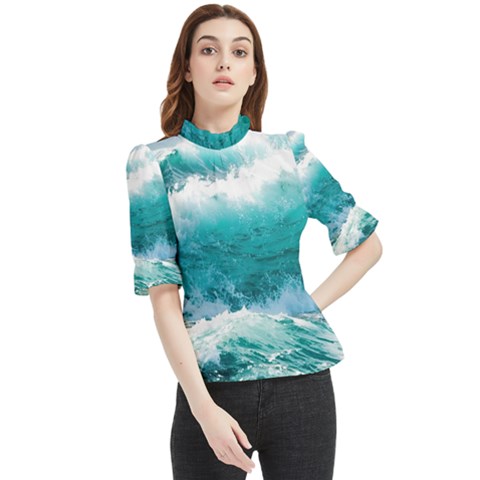 Waves Ocean Sea Tsunami Nautical 4 Frill Neck Blouse by Jancukart