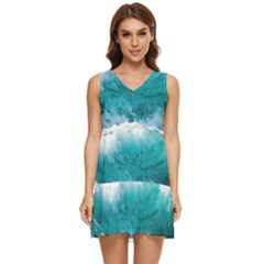 Waves Ocean Sea Tsunami Nautical 4 Tiered Sleeveless Mini Dress