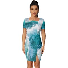 Waves Ocean Sea Tsunami Nautical 4 Fitted Knot Split End Bodycon Dress by Jancukart