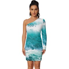 Waves Ocean Sea Tsunami Nautical 4 Long Sleeve One Shoulder Mini Dress