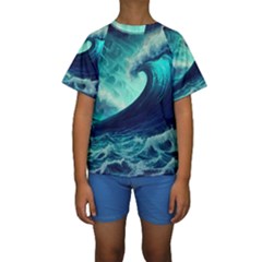 Waves Ocean Sea Tsunami Nautical Kids  Short Sleeve Swimwear by Jancukart