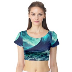 Waves Ocean Sea Tsunami Nautical Short Sleeve Crop Top by Jancukart