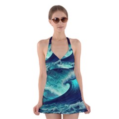 Waves Ocean Sea Tsunami Nautical Halter Dress Swimsuit  by Jancukart