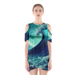 Waves Ocean Sea Tsunami Nautical Shoulder Cutout One Piece Dress by Jancukart