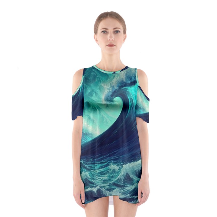 Waves Ocean Sea Tsunami Nautical Shoulder Cutout One Piece Dress