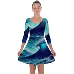 Waves Ocean Sea Tsunami Nautical Quarter Sleeve Skater Dress