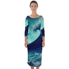 Waves Ocean Sea Tsunami Nautical Quarter Sleeve Midi Bodycon Dress by Jancukart