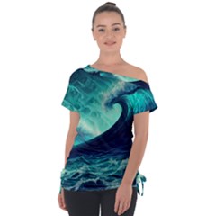 Waves Ocean Sea Tsunami Nautical Off Shoulder Tie-up Tee