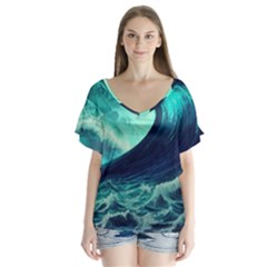 Waves Ocean Sea Tsunami Nautical V-neck Flutter Sleeve Top by Jancukart