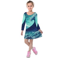 Waves Ocean Sea Tsunami Nautical Kids  Long Sleeve Velvet Dress