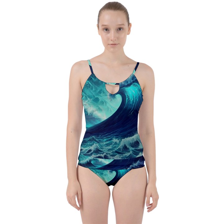 Waves Ocean Sea Tsunami Nautical Cut Out Top Tankini Set