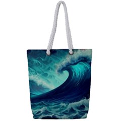 Waves Ocean Sea Tsunami Nautical Full Print Rope Handle Tote (small)