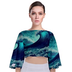 Waves Ocean Sea Tsunami Nautical Tie Back Butterfly Sleeve Chiffon Top