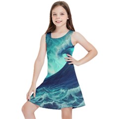 Waves Ocean Sea Tsunami Nautical Kids  Lightweight Sleeveless Dress by Jancukart