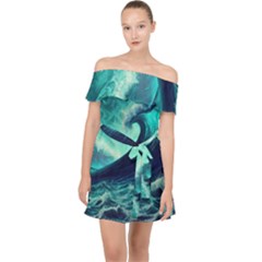 Waves Ocean Sea Tsunami Nautical Off Shoulder Chiffon Dress