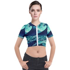 Waves Ocean Sea Tsunami Nautical Short Sleeve Cropped Jacket by Jancukart