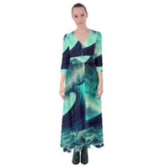 Waves Ocean Sea Tsunami Nautical Button Up Maxi Dress by Jancukart