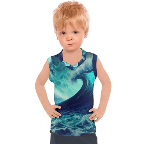 Waves Ocean Sea Tsunami Nautical Kids  Sport Tank Top by Jancukart