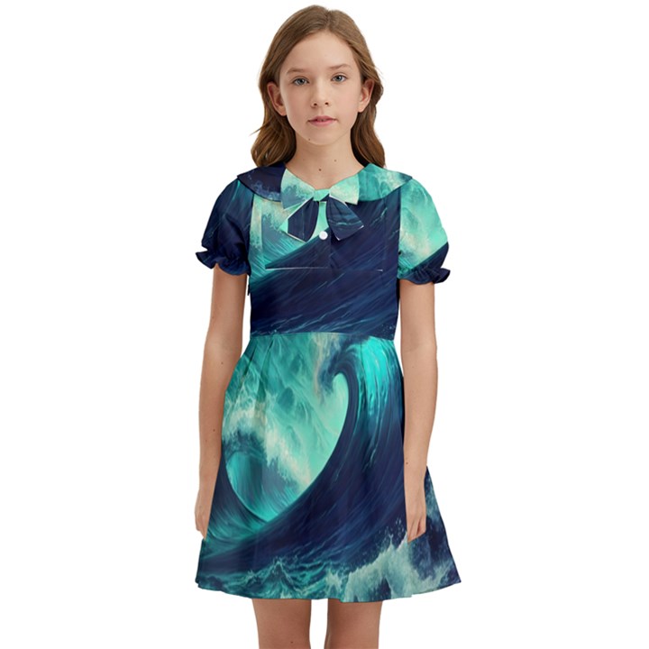 Waves Ocean Sea Tsunami Nautical Kids  Bow Tie Puff Sleeve Dress