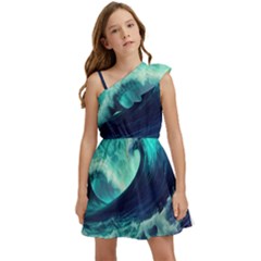 Waves Ocean Sea Tsunami Nautical Kids  One Shoulder Party Dress by Jancukart