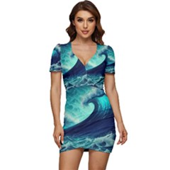 Waves Ocean Sea Tsunami Nautical Low Cut Cap Sleeve Mini Dress