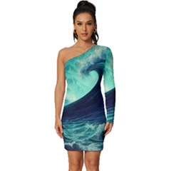 Waves Ocean Sea Tsunami Nautical Long Sleeve One Shoulder Mini Dress by Jancukart