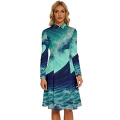 Waves Ocean Sea Tsunami Nautical Long Sleeve Shirt Collar A-line Dress by Jancukart