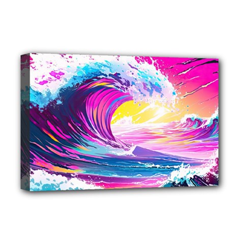 Tsunami Waves Ocean Sea Nautical Nature Water Blue Water Deluxe Canvas 18  X 12  (stretched)