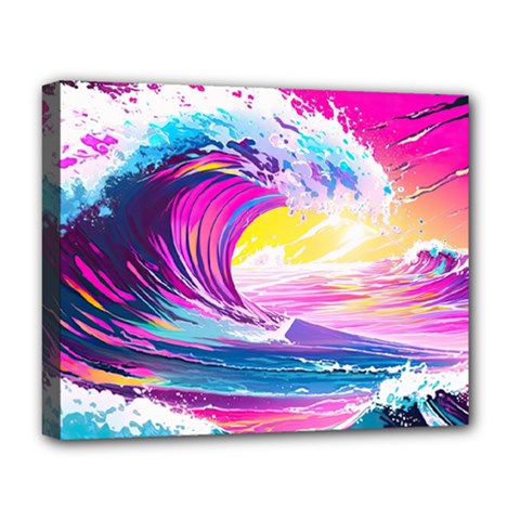 Tsunami Waves Ocean Sea Nautical Nature Water Blue Water Deluxe Canvas 20  X 16  (stretched)