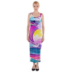 Tsunami Waves Ocean Sea Nautical Nature Water Blue Water Fitted Maxi Dress