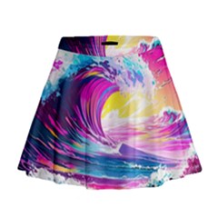 Tsunami Waves Ocean Sea Nautical Nature Water Blue Water Mini Flare Skirt by Jancukart