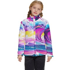 Tsunami Waves Ocean Sea Nautical Nature Water Blue Water Kids  Puffer Bubble Jacket Coat