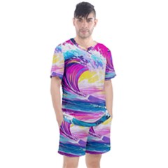 Tsunami Waves Ocean Sea Nautical Nature Water Blue Water Men s Mesh Tee And Shorts Set